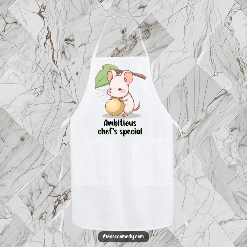 Funny apron depicting a mouse heroically attempting to carry a seed much larger than its own body.