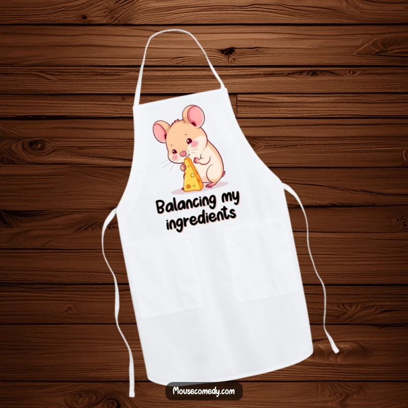 Funny kawaii mouse apron, showing a cute mouse concentrating on balancing a tiny speck of cheese on its nose while cooking.