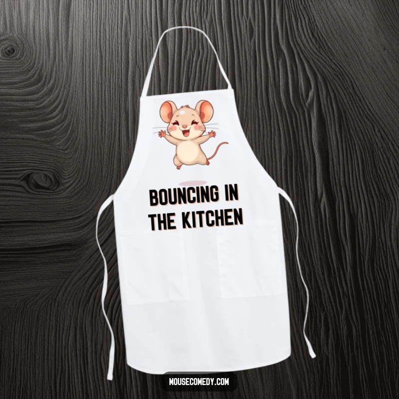 Funny apron featuring a tiny mouse with energetic bounds, leaping joyfully, designed for kitchen fun and protection.