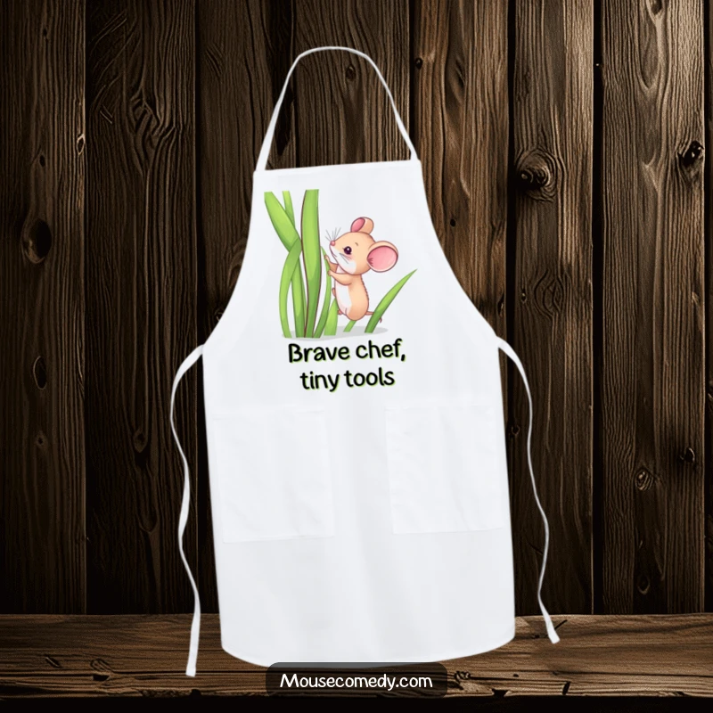 Funny kitchen apron featuring a small mouse climbing a giant blade of grass, perfect for a humorous cooking experience.