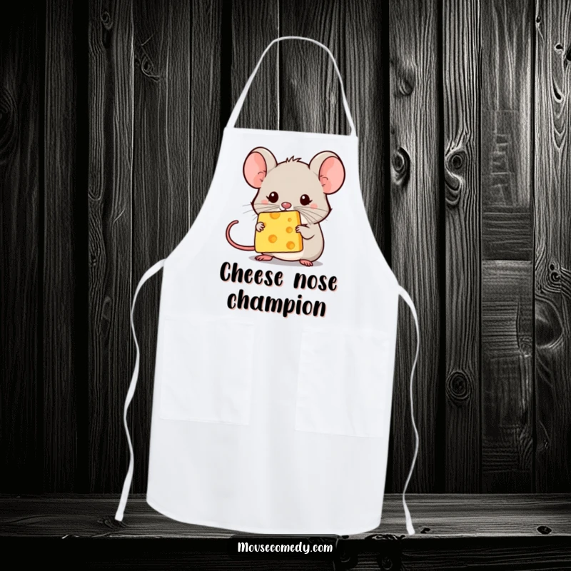 Funny kawaii mouse balancing a tiny cheese speck on its nose while cooking. Functional and funny gift.