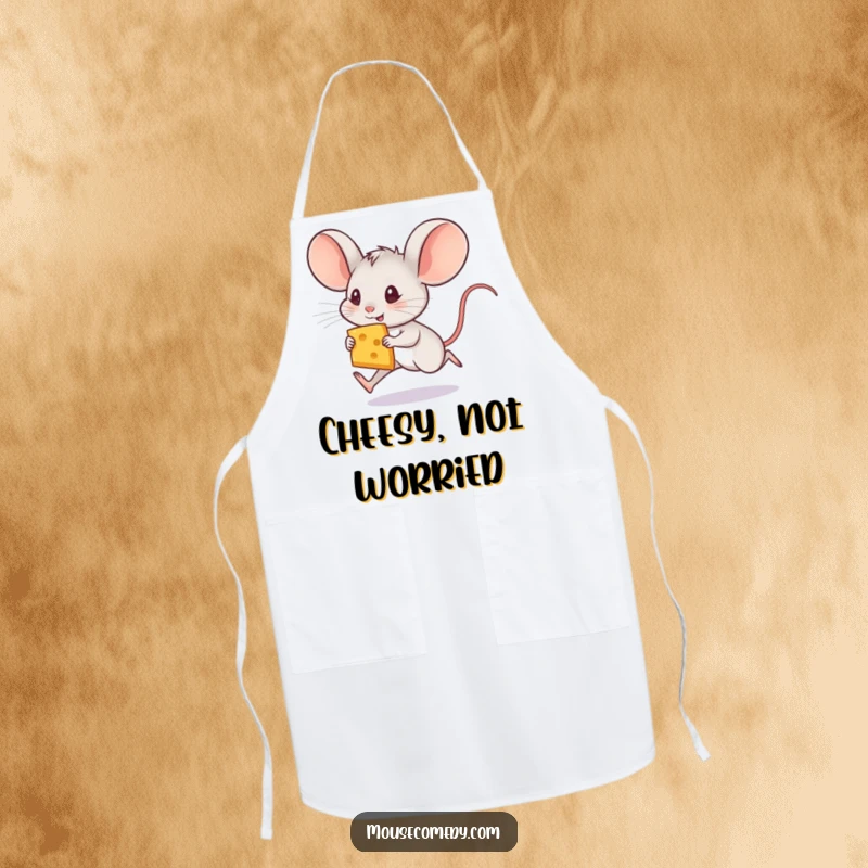 Funny mouse apron featuring a small mouse with large ears running with a cheese slice, ready to assist in the kitchen.