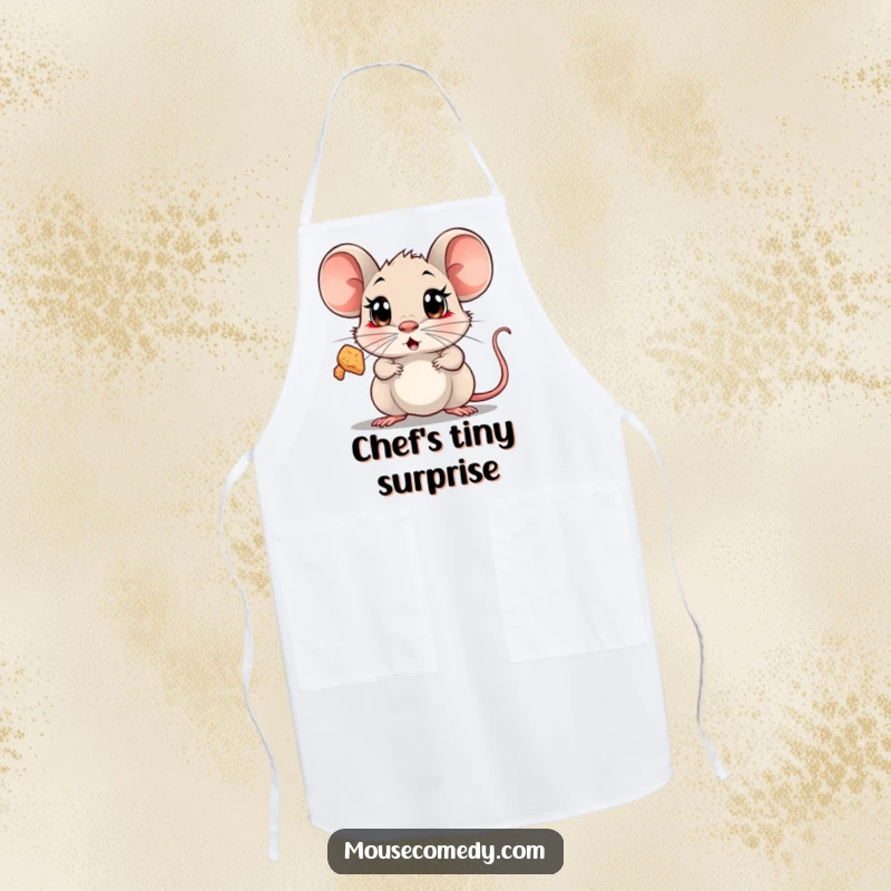 Funny Surprised Mouse Apron featuring a mouse with wide, shocked eyes looking up in amazement at a floating, sparkling crumb.
