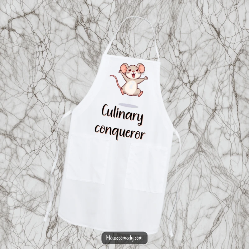 Funny apron depicting a small, joyful mouse in a triumphant leap, tail held high, perfect for a celebratory cook.