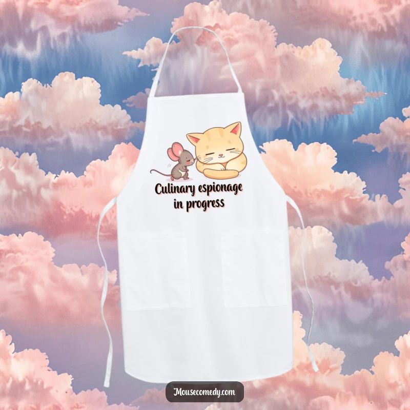 Funny mouse sneaking past a sleeping cat in a kitchen setting, printed on a foodie-friendly apron.