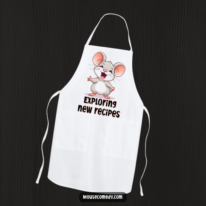 Funny kitchen apron showing an excited mouse ready to explore, bringing a humorous vibe to cooking.