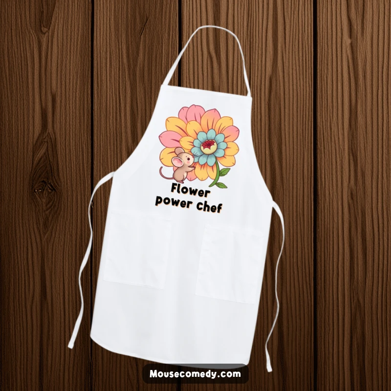 Funny kawaii mouse exploring a giant, vibrant flower while cooking, making meal prep a humorous delight on this apron.