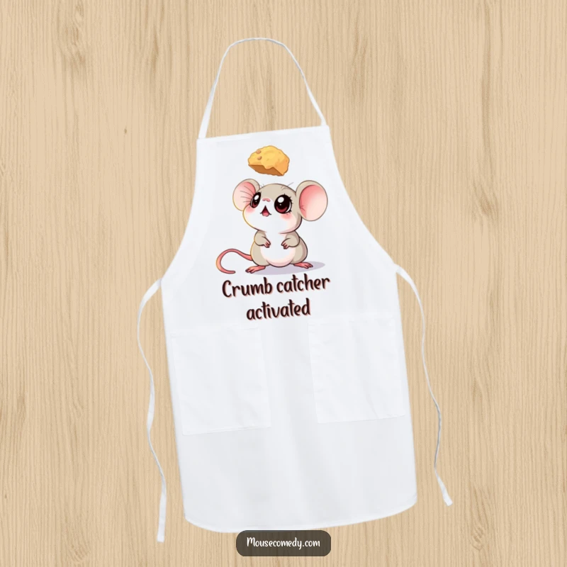 Funny mouse apron with a mouse’s big eyes looking up at a hovering crumb, symbolizing culinary goals.