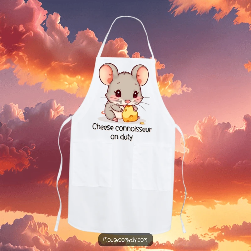 Funny apron with a determined chef mouse, holding a tiny cheese wedge, ready to cook up a storm with a cheerful expression.