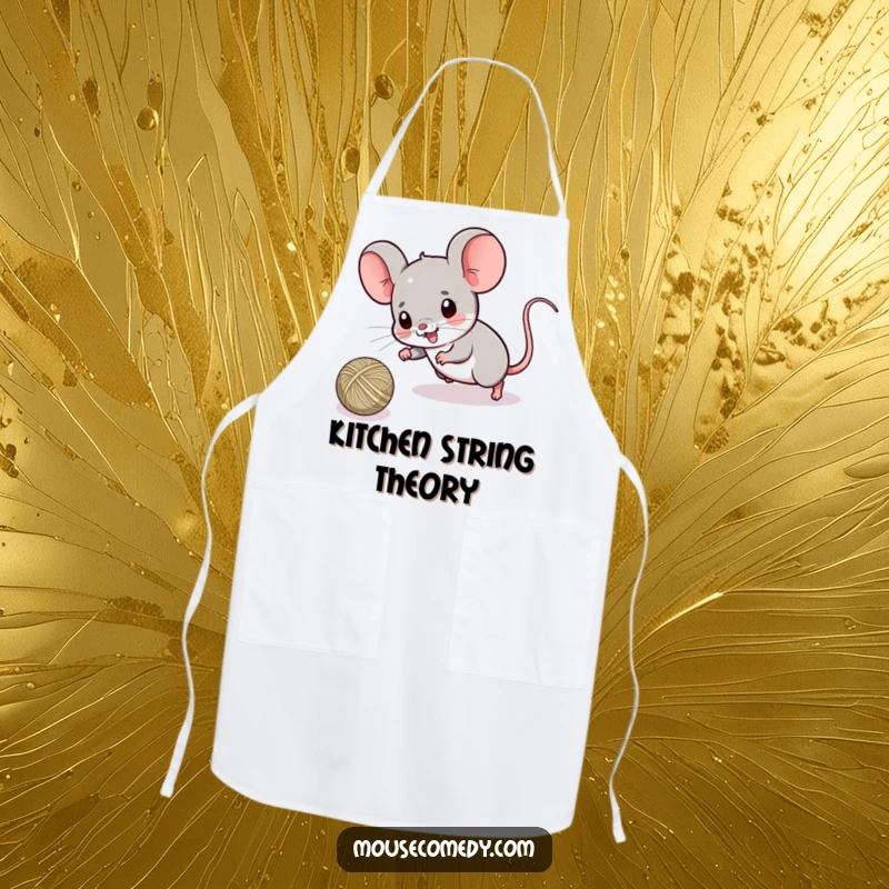Funny apron showcasing a determined kawaii mouse ready to play, chasing a ball of string with enthusiasm, perfect for kitchen fun.