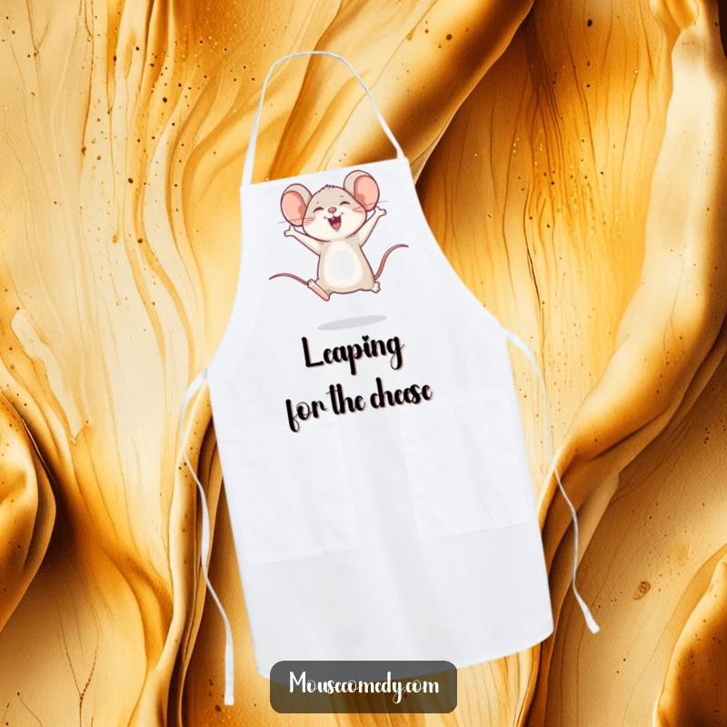 Funny apron featuring a happy mouse doing a joyful leap, perfect for cooks who love to have fun.
