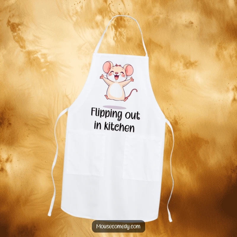 Funny mouse apron with a joyful mouse leaping energetically, paws in the air, ready to tackle any recipe with a smile and humor.