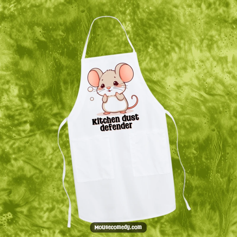 Funny Kawaii Mouse Apron: A cute mouse playfully batting at a floating dust mote while wearing a chef's hat.