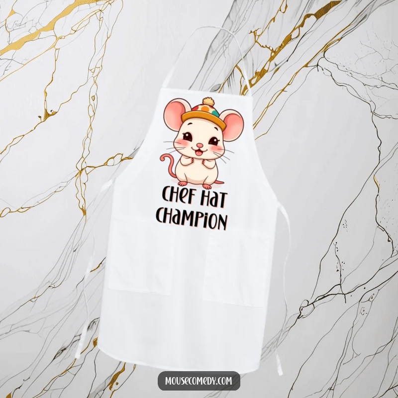 Funny Kawaii Mouse Apron: A cute mouse chef wearing a silly hat, looking comically pleased while preparing food.