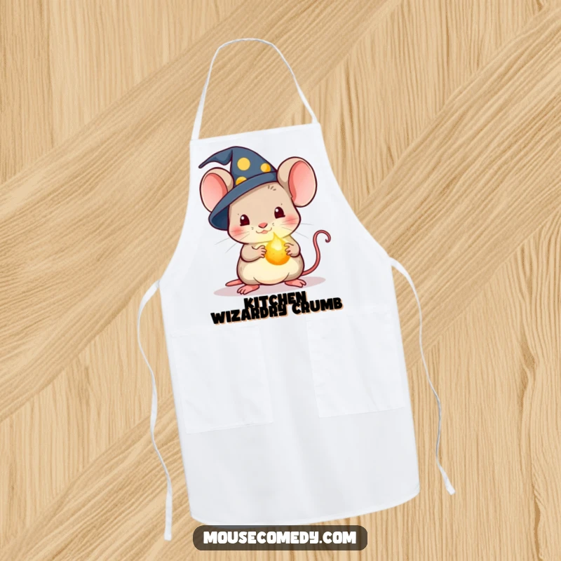 Funny Kawaii Wizard Mouse Apron: An apron featuring a mouse in a wizard hat holding a glowing crumb.