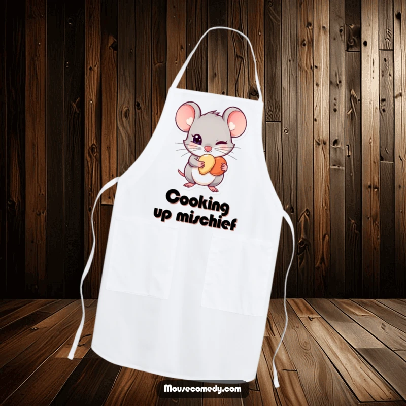 Funny Mischievous Mouse Apron - A sly mouse with a mischievous glint hides a tiny treat, bringing playful humor to the kitchen and protecting culinary secrets.