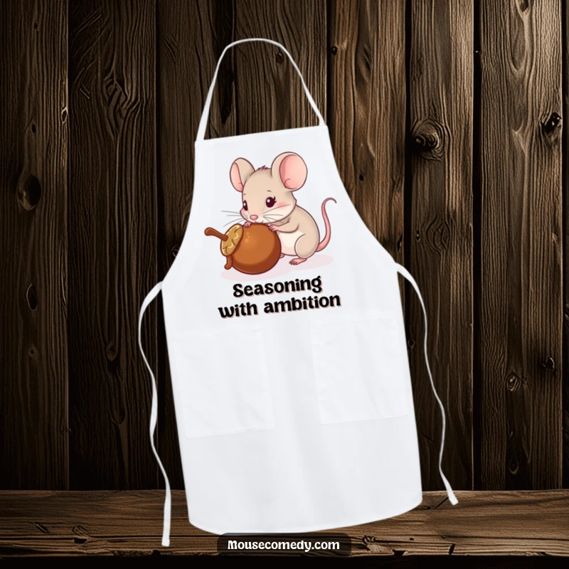 Funny apron featuring a mouse using its nose to push a rolling acorn, perfect for adding fun to kitchen tasks.