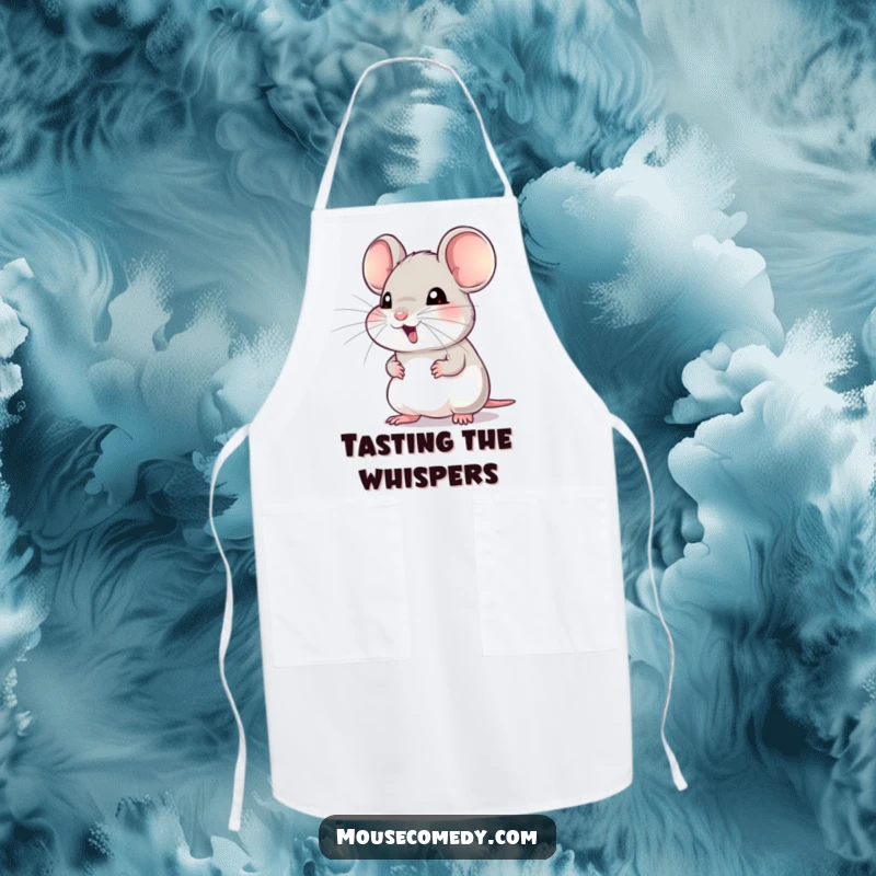 Funny apron featuring a mouse with twitching whiskers, eagerly listening for a sound, perfect for adding fun to kitchen tasks.