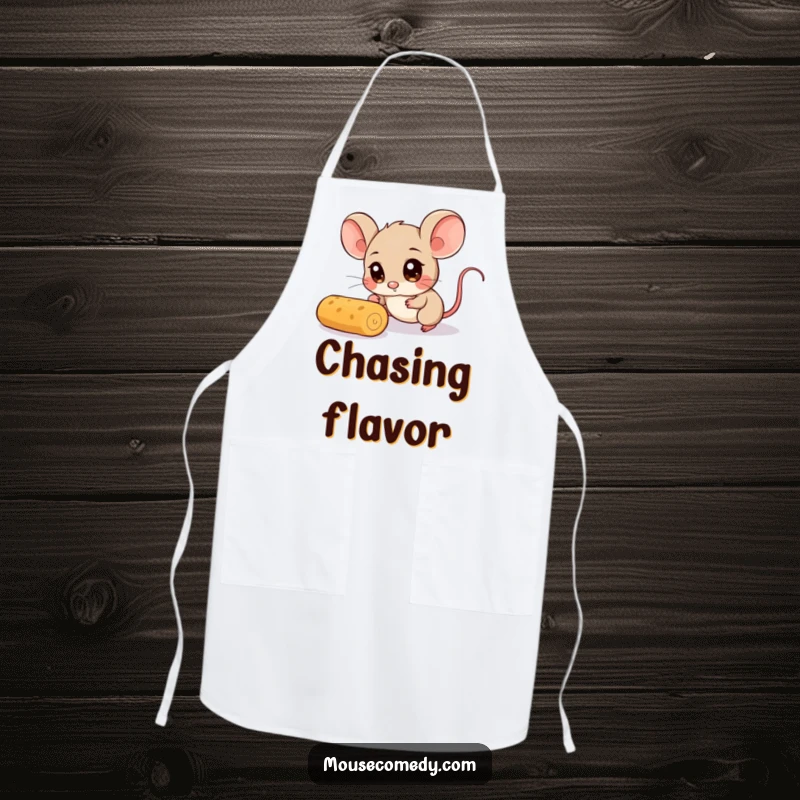 Funny Mouse Apron: This kitchen apron depicts a mouse with comical wide eyes, humorously on the chase for a rolling crumb.