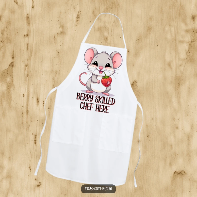 Funny giggling mouse balancing a berry on its nose, perfect for a kitchen apron.