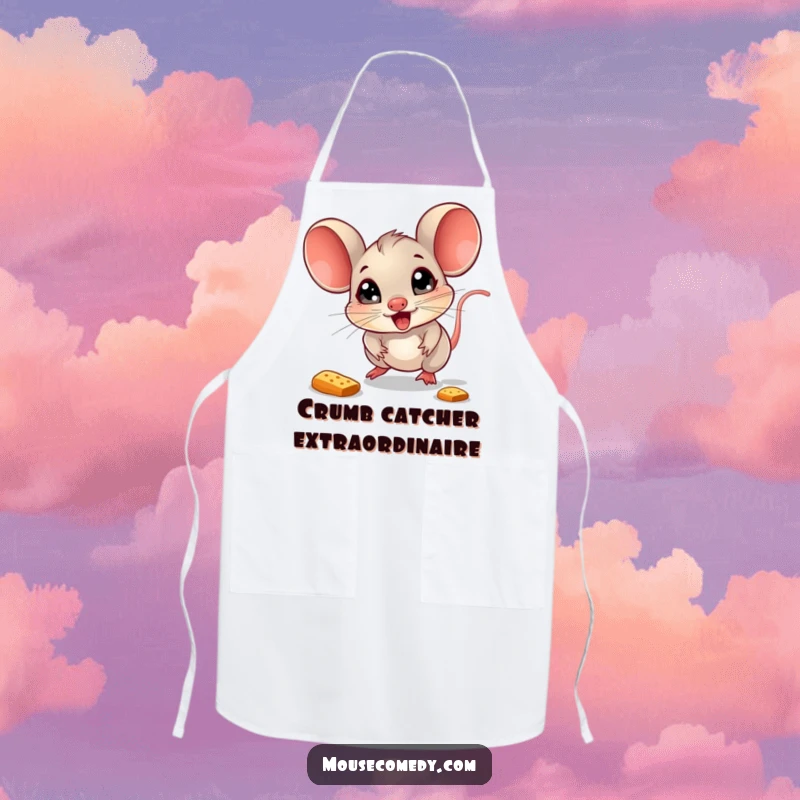 Funny Mouse Apron: A delighted mouse with sparkling eyes chases a bouncing crumb, perfect for kitchen fun.