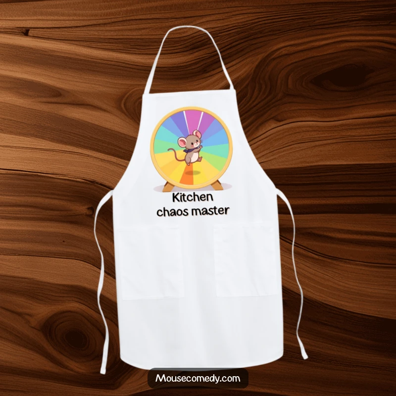 Funny Mouse Apron: A playful mouse is depicted running on a giant, colorful hamster wheel, perfect for kitchen activity.