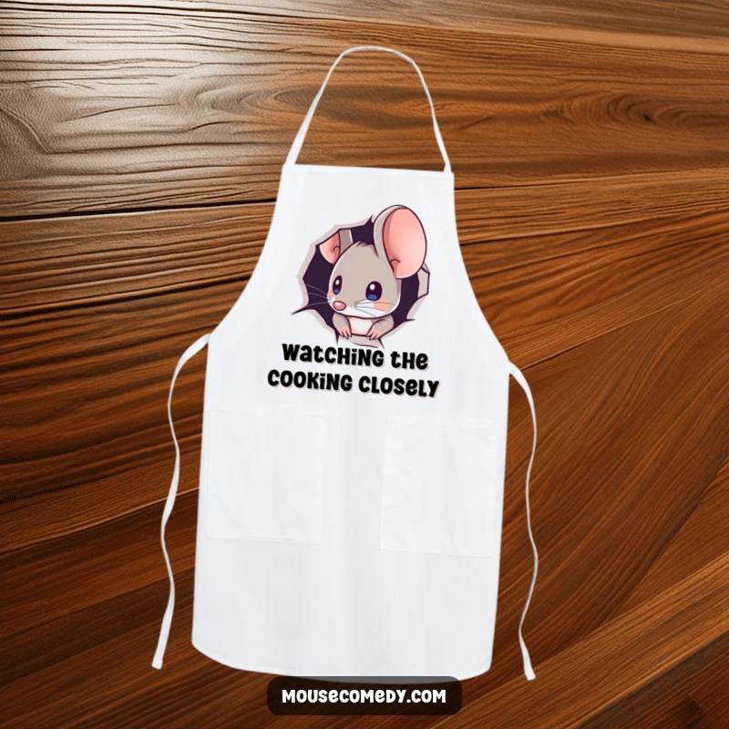 Funny apron featuring a mouse curiously peeking out from a minuscule hole, designed for kitchen fun and protection.
