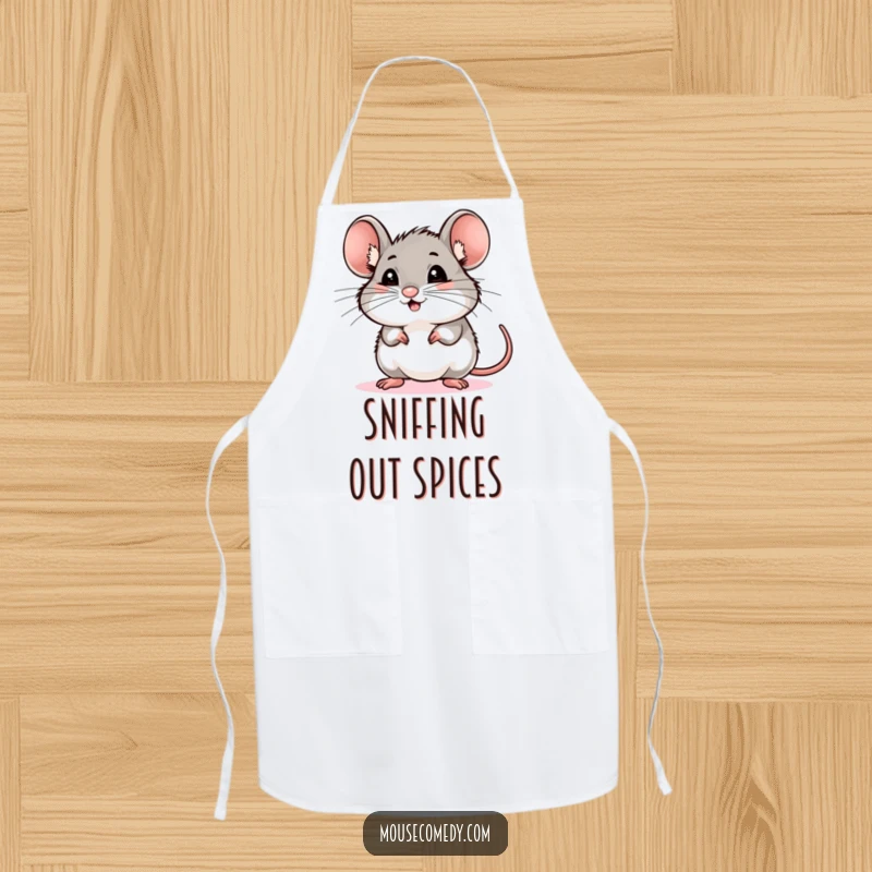 Funny mouse apron showing a playful rodent with excited whiskers sniffing the air, perfect for the humorous home chef, a funny gift.
