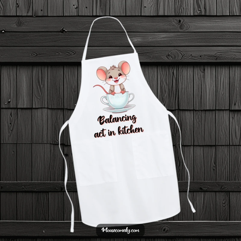 Funny mouse teacup apron featuring a cheerful mouse with a wide grin humorously balancing on a teacup, perfect for kitchen protection and amusement.