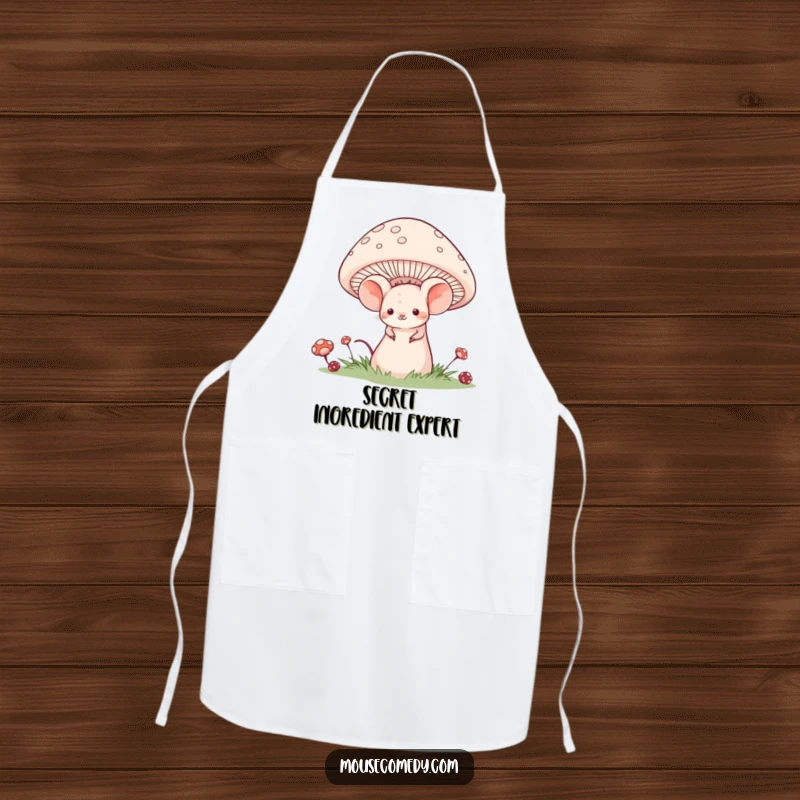Funny apron depicting a shy mouse with a sweet smile, hiding behind a large, colorful mushroom.