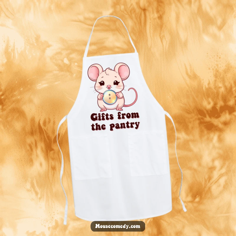 Funny kitchen apron with a kawaii mouse winking and offering a shiny button, perfect for a charming cooking experience.