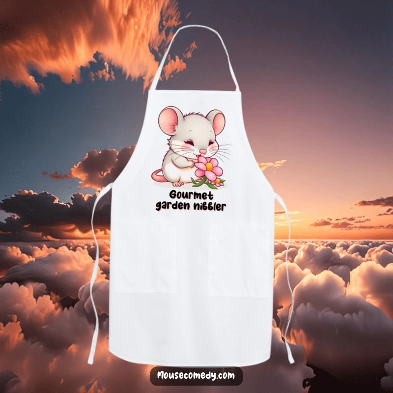 Funny mouse apron depicting a content mouse happily nibbling a flower petal, bringing peaceful vibes to kitchen activities and a touch of humor.