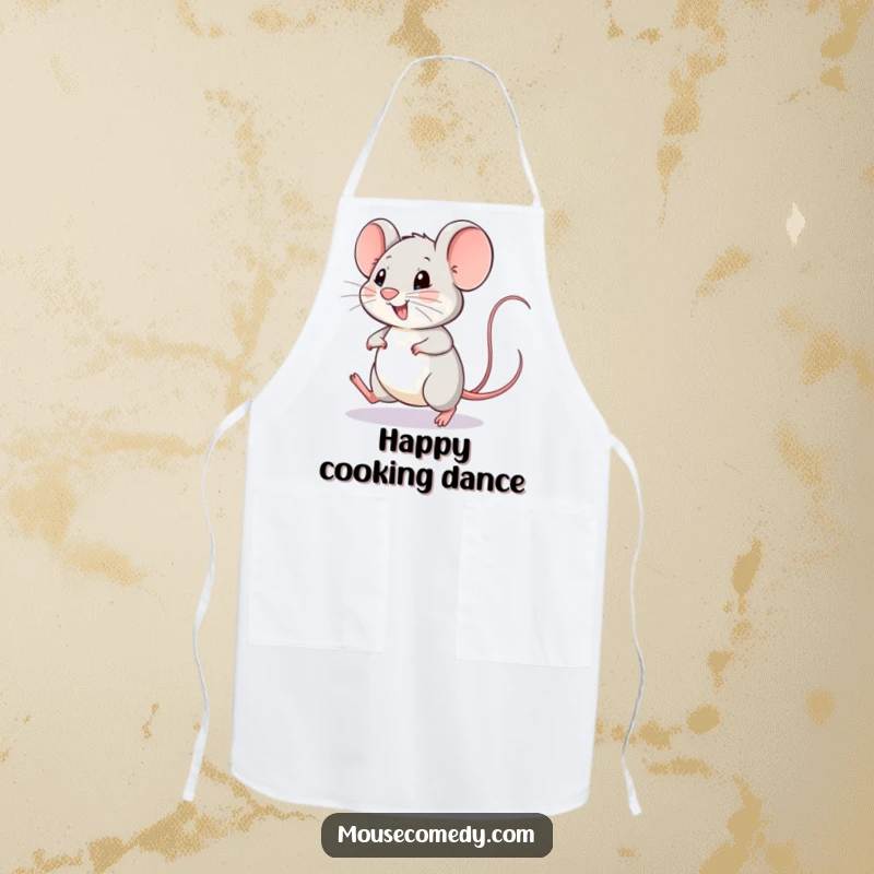 Funny mouse apron featuring a happy mouse doing a little hop, its tail wagging with pure delight and kitchen cheer.