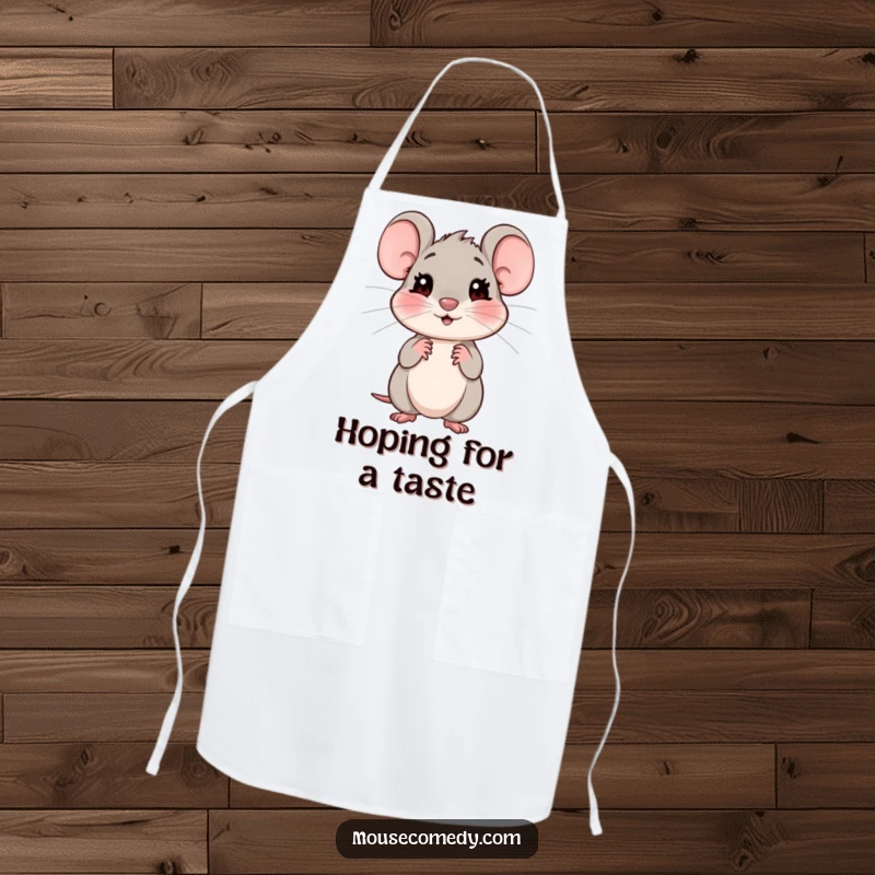 Funny kitchen apron with a shy mouse giving an expectant look, perfect for a gentle and humorous cooking experience.