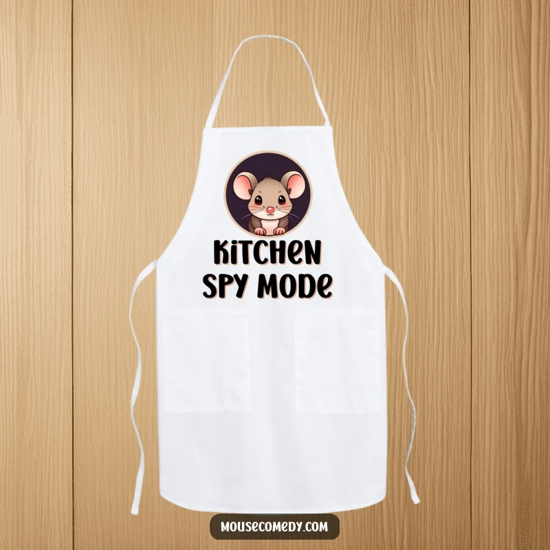 Funny mouse apron featuring a curious mouse peeking its head out from a small, round hole, ready to help in the kitchen.
