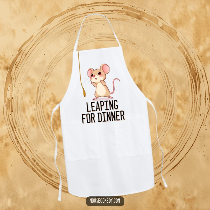 Funny mouse apron showing a rodent in a dynamic leap towards a dangling string, embodying playful energy, a humorous funny gift.