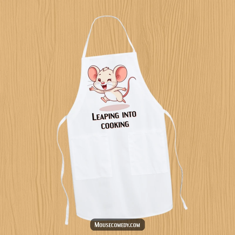 Funny Mouse Cub Apron: This kitchen apron features a mouse cub mid-leap, performing a funny, clumsy jump with great enthusiasm.