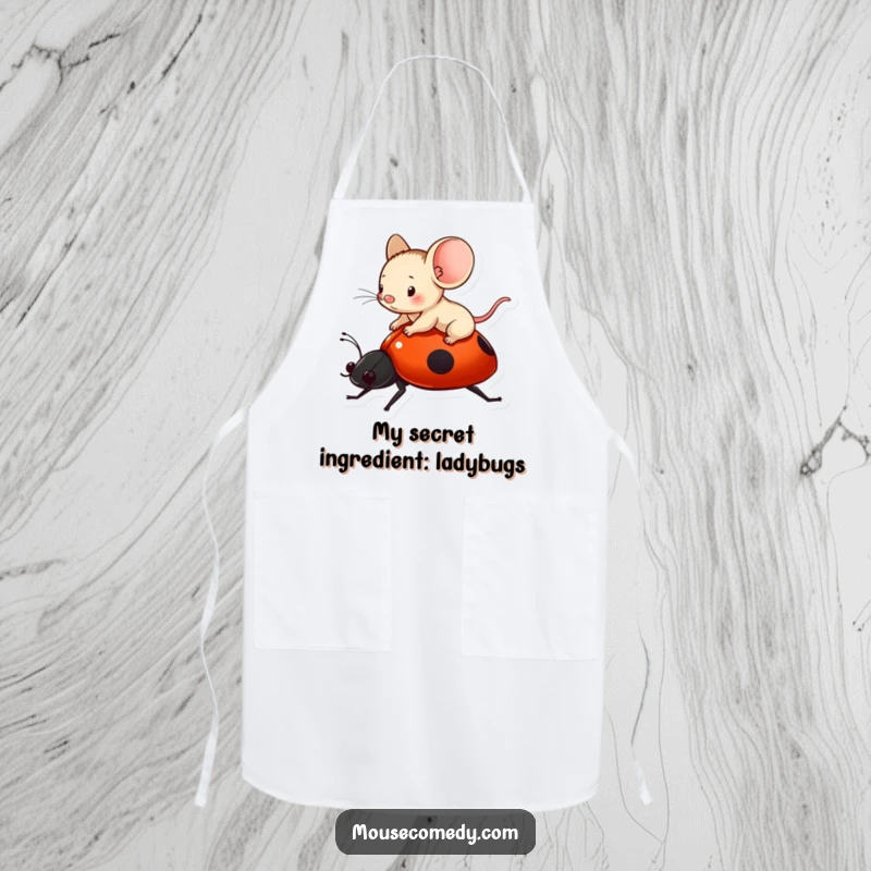 Funny tiny mouse riding a ladybug, illustrated on a practical and amusing apron for kitchen or garden.