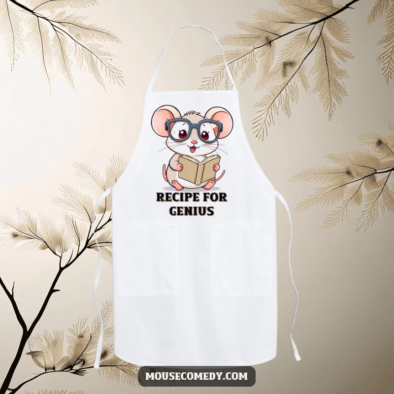 Funny Kawaii Mouse Apron: A cute mouse with glasses reading a book, ready to help in the kitchen.