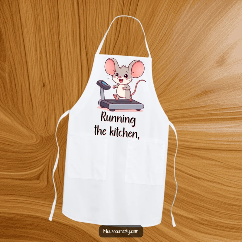 Funny kawaii mouse apron, a mouse with oversized ears running on a treadmill, perfect for the active cook.