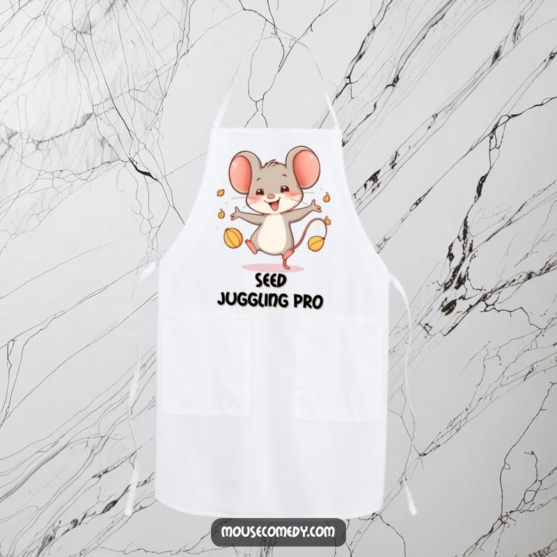 Funny Happy Mouse Apron: This kitchen apron features a mouse character juggling seeds with infectious glee, perfect for a funny cook.