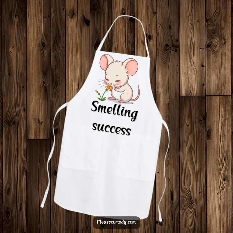Funny mouse apron featuring a cute character curiously sniffing a flower, making it a practical and amusing kitchen accessory.