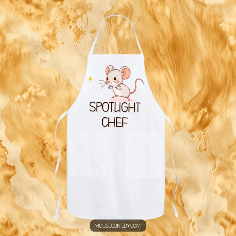 Funny Kawaii Mouse Apron: A cute mouse chef playfully chasing a beam of light across a kitchen counter.