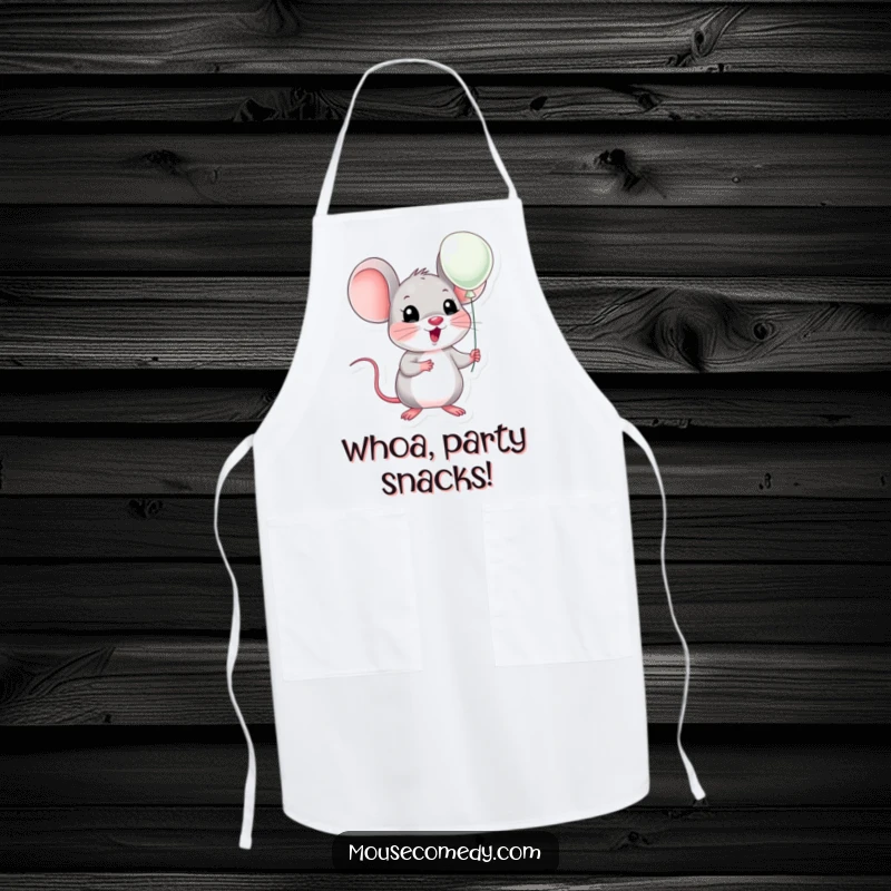 Funny kawaii mouse with exaggerated surprise, holding a small balloon, ready to cook. Functional and funny gift.