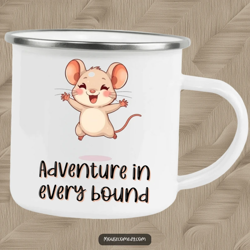 Funny camping mug depicting a tiny mouse with energetic bounds, leaping joyfully, designed for outdoor enthusiasts seeking fun.