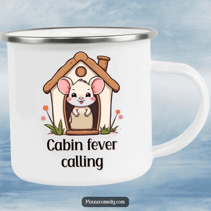 Funny camping mug with a smiling mouse peeking from a miniature house, ready for outdoor adventures and warm beverages.