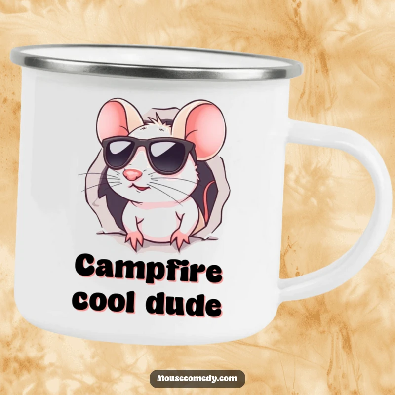 Funny kawaii mouse camping mug, showing a cute mouse wearing sunglasses, peeking from a small hole, ready for any adventure.