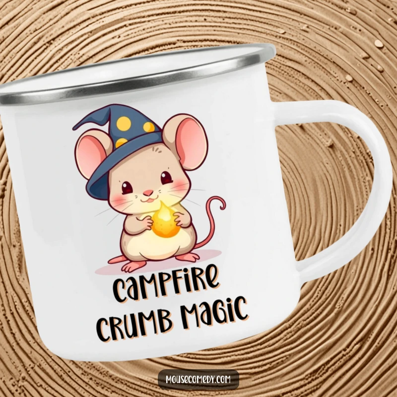 Funny Kawaii Wizard Mouse Camping Mug: A camping mug featuring a mouse in a wizard hat holding a glowing crumb.