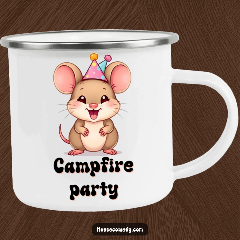 Funny Mouse Cub Camping Mug: A durable camping mug featuring a mouse cub in a party hat, squeaking with pure, exciting joy.