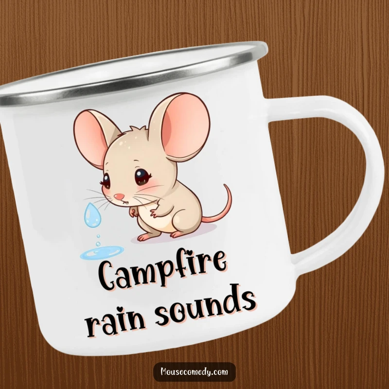 Funny camping mug with a large-eared mouse curiously watching a raindrop, ready for outdoor adventures and cozy, reflective sips.